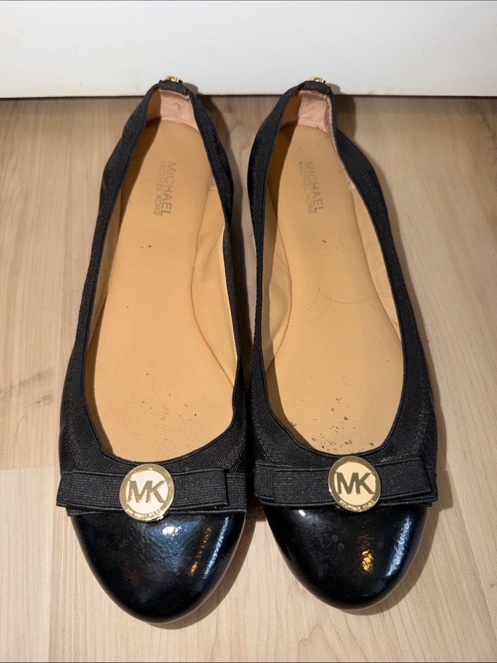 Michael Kors Black Patent and Fabric Logo Ballet Flats
